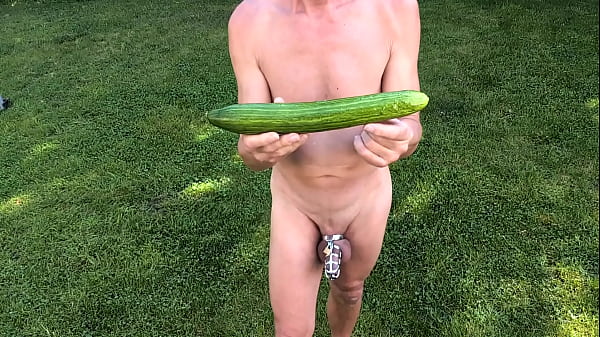 naked pathetic slave outdoor in penis cage during party fucks himself with cucumber, banana, CMNM