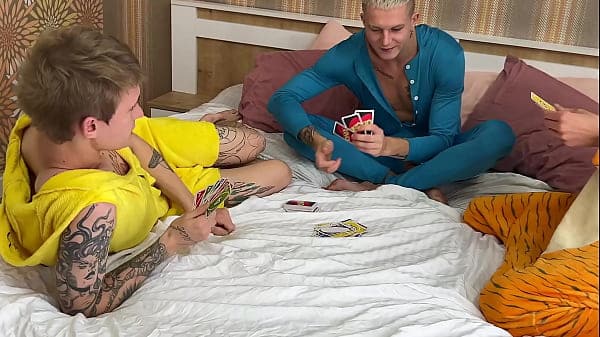 the guys were playing and the game turned into fucking, two guys fucked a cute twink and came