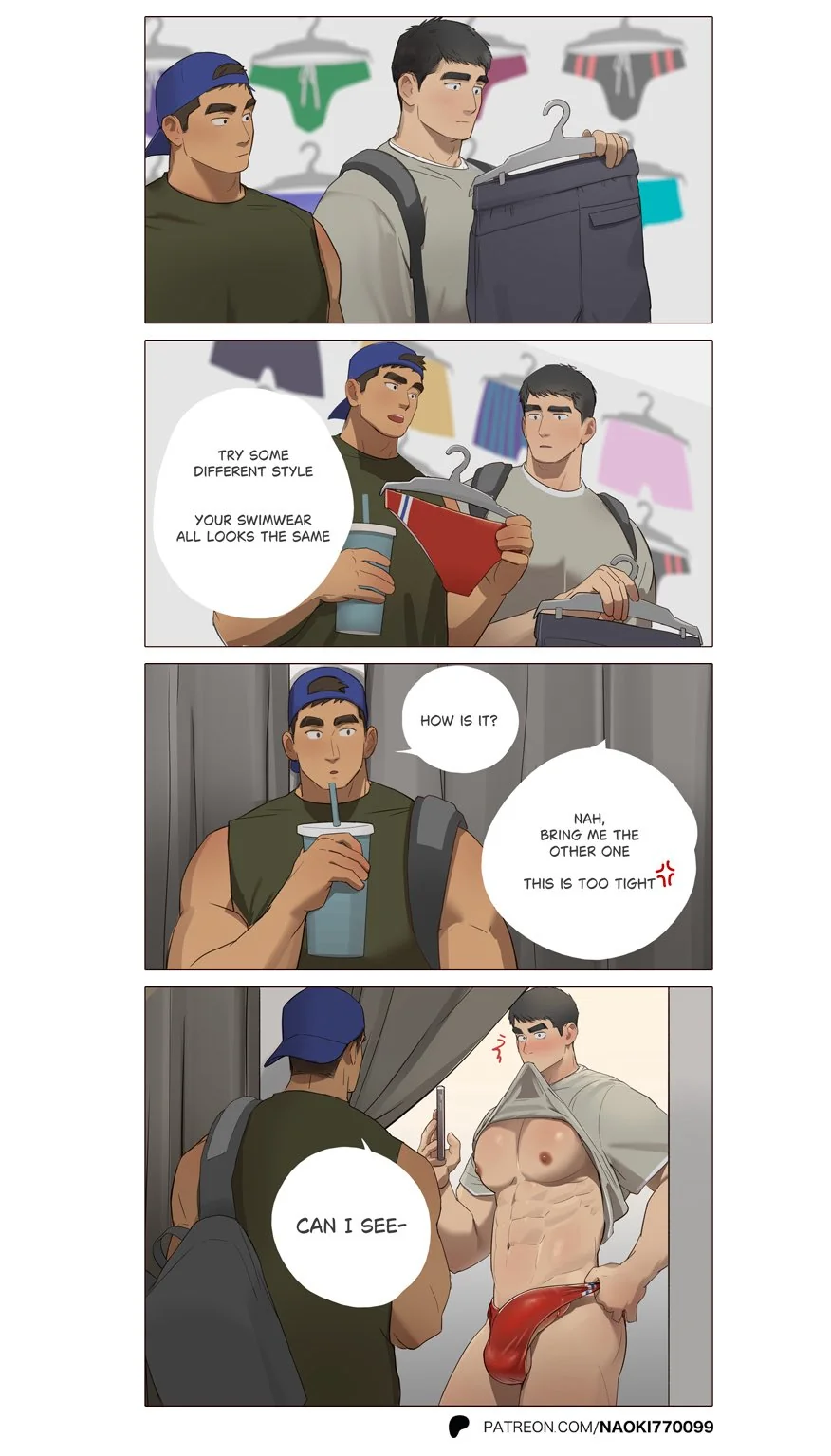 Adventures with my straight dorm mate 1. Showing tan lines 2. Swimwear shopping 3. Underwear swap. Art by Naoki1