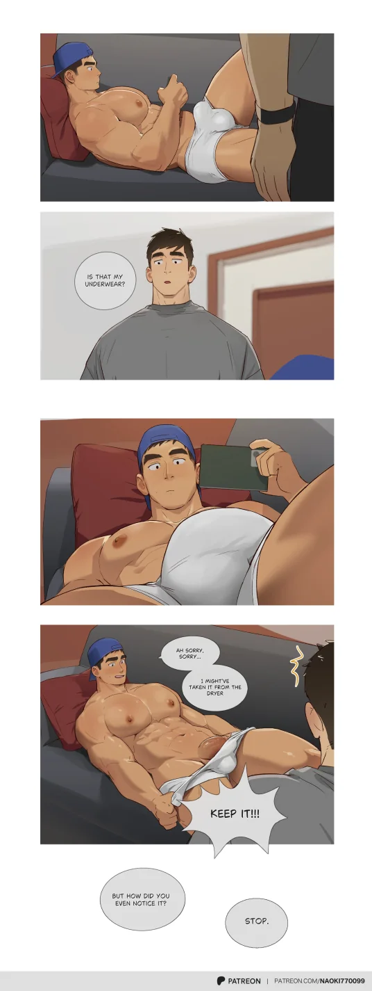 Adventures with my straight dorm mate 1. Showing tan lines 2. Swimwear shopping 3. Underwear swap. Art by Naoki2